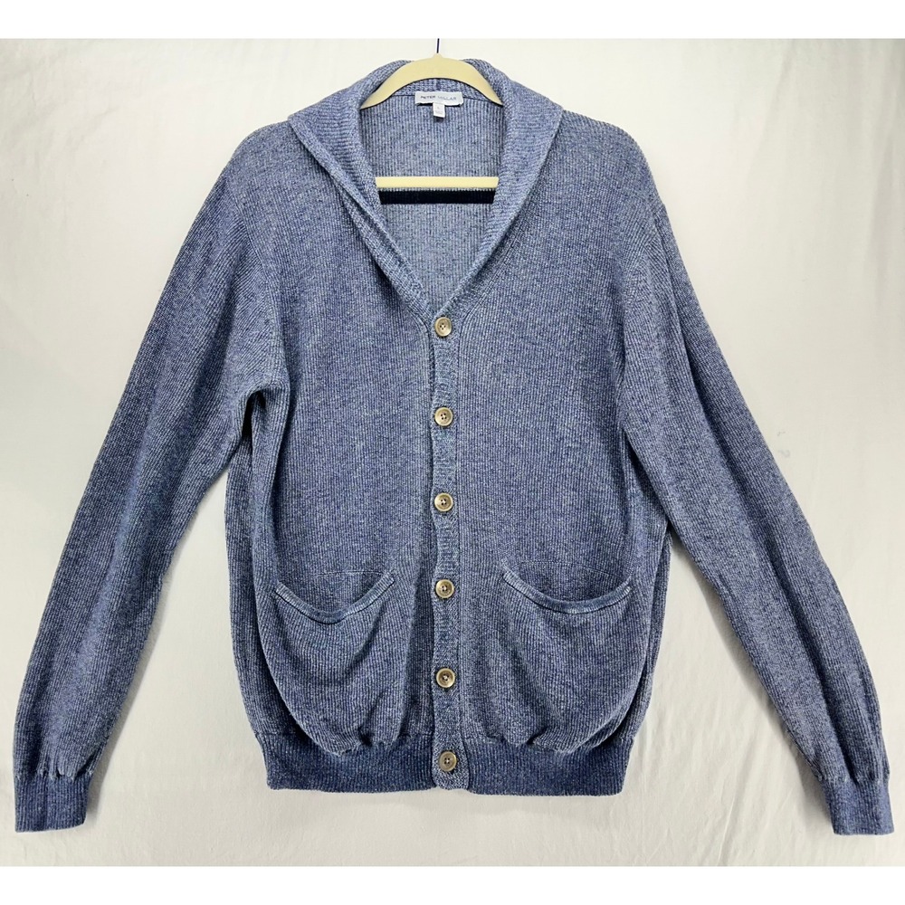 Peter Millar Mens Shawl Collar Cardigan Sweater Blue Cotton Hemp Lyocell Large